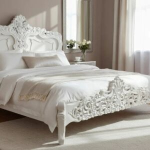 Louis XV French Rococo Hand Carved White Lace Bed King Frame
