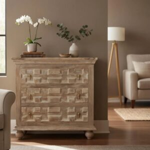 Modern Hand Carved 3 Drawer Bedside Dresser Bachelors Chest of Drawers Large Storage Bedroom Furniture Chunky