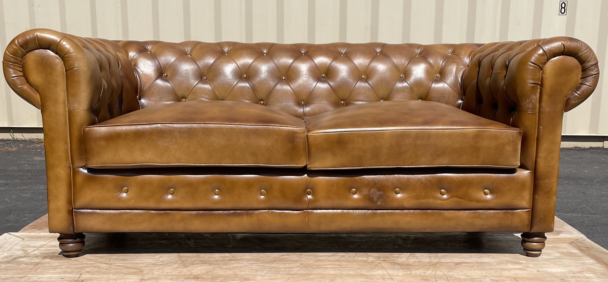 Modern Tufted Brown Leather Loveseat Scroll Arms 70 West Main   IMG 0944 