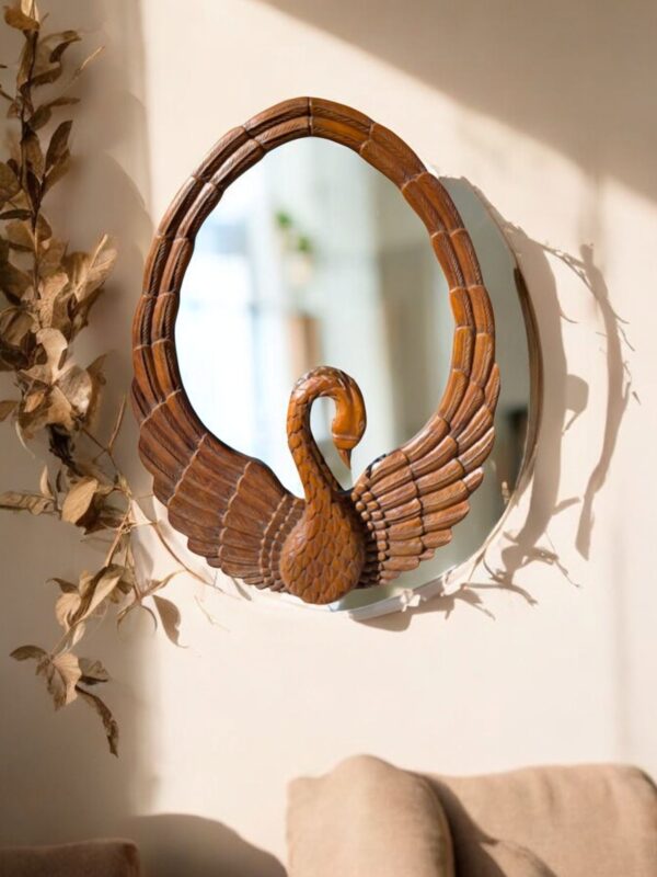 Hand Carved Solid Wood Mahogany Swan Hanging Wall Decor Accent Mirror Oval Living Room Bedroom Bathroom Entrance Hand Beveled Rustic