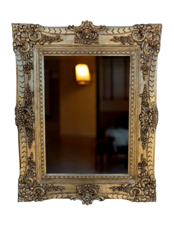 French Country Distressed Wall Accent Victorian Hand Carved Shabby Chic Framed Mirror Entryway Bathroom Den Gold/Off White