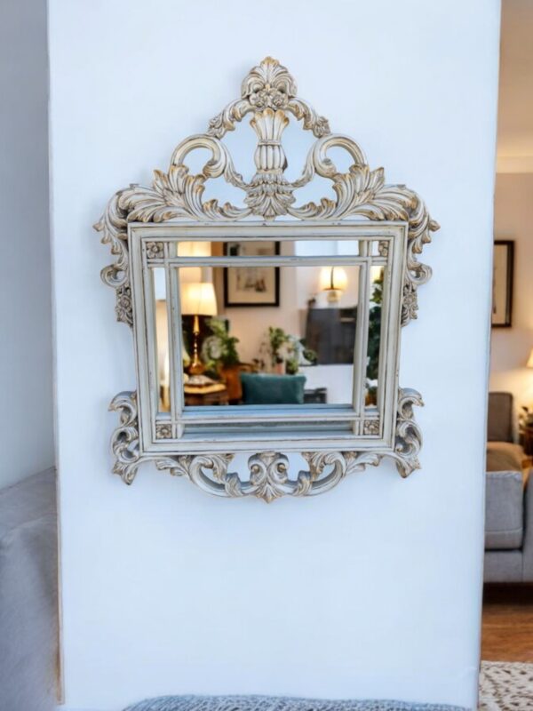 French Country Distressed Wall Accent Victorian Hand Carved Shabby Chic Framed Mirror Entryway Bathroom Den Gold/Off White