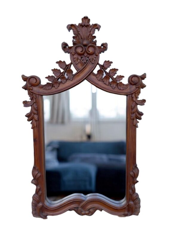 French Country Large Rustic Walnut Wall Decor Hanging Mirror Solid Wood Hand Carved Bathroom Den Living Room Accent Entryway