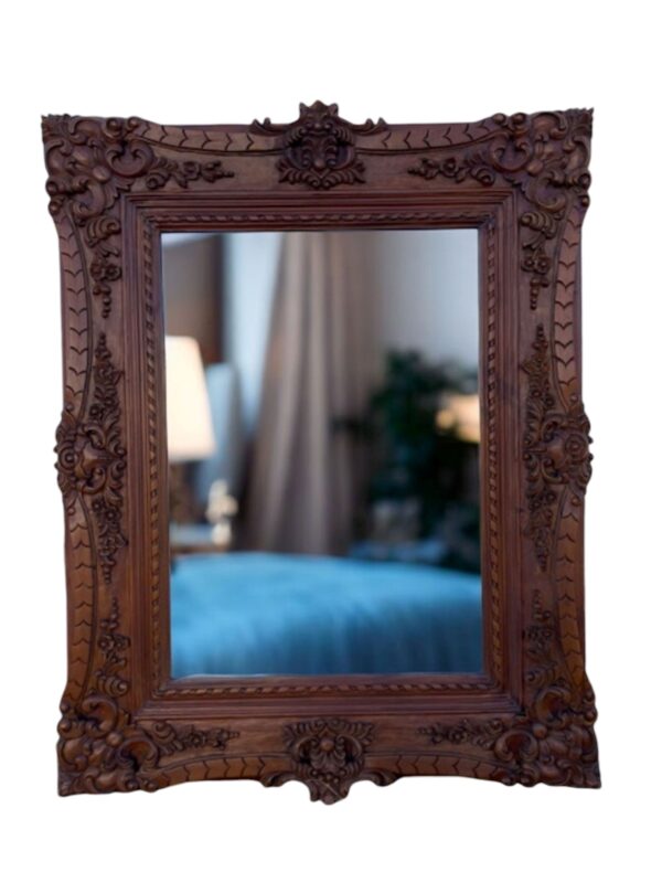 French Country Rustic Square Large Wall Hanging Hand Carved Solid Wood Accent Mirror Decor