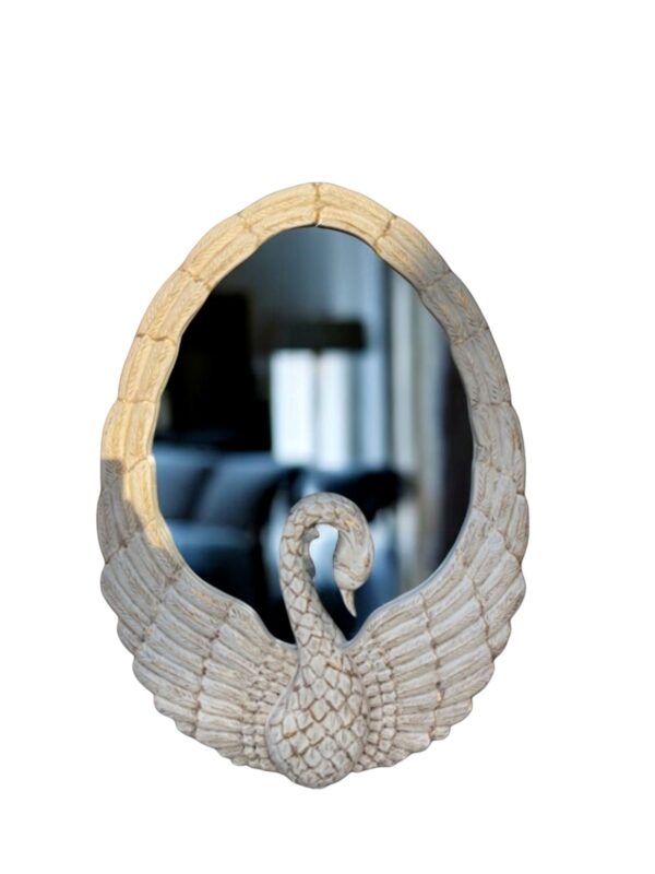 Hand Carved Solid Wood Mahogany Swan Hanging Wall Decor Accent Mirror Oval Living Room Bedroom Bathroom Entrance Hand Beveled Shabby Chic