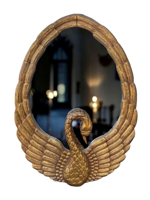 Hand Carved Solid Wood Mahogany Swan Hanging Wall Decor Accent Mirror Oval Living Room Bedroom Bathroom Entrance Hand Beveled Gold