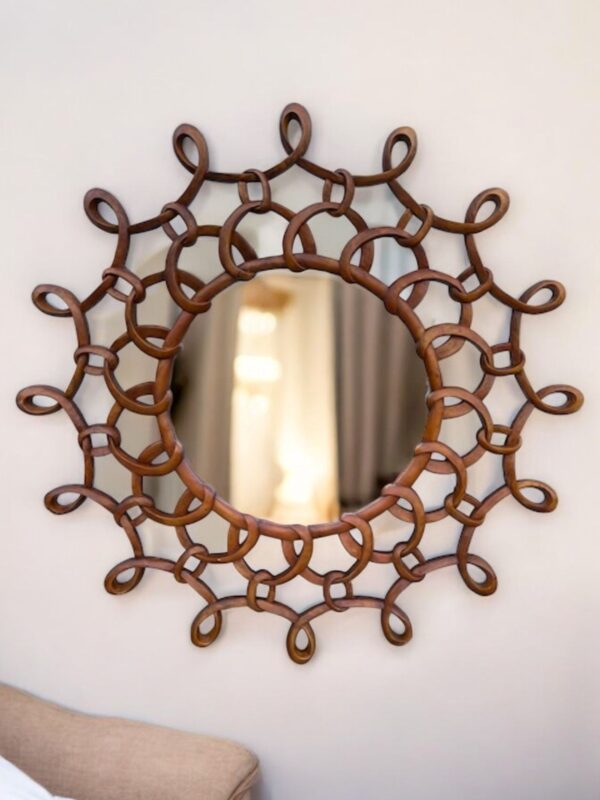 Oversized Round Wall Hanging Brown Accent Bathroom Living Room Den Bedroom Beautifully Hand carved Chain Link Home Decor Mirror