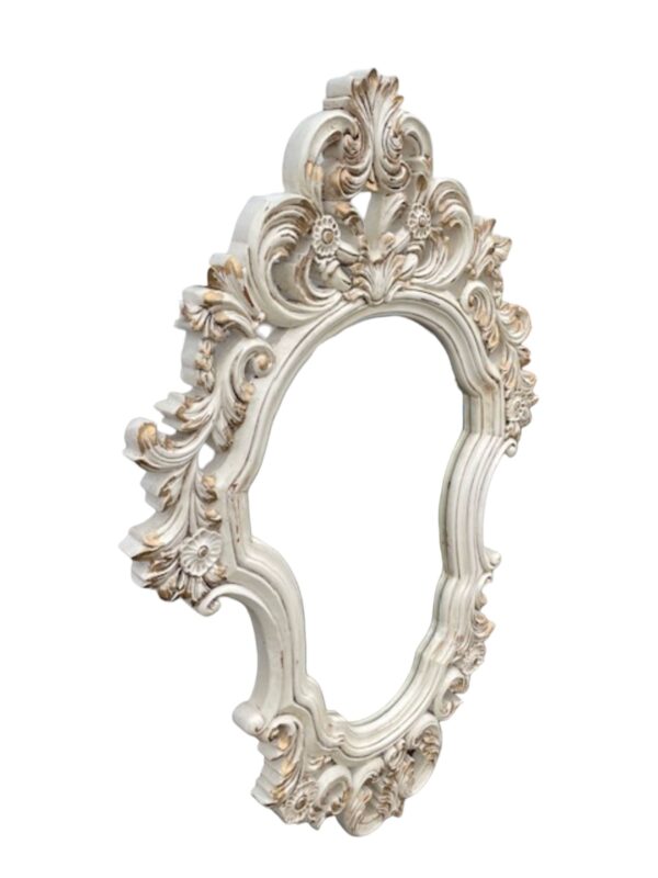 French Country Shabby Chic Large Accent Wall Decor Hanging Elegant Large Hand Carved Gold White Distressed Mirror - Image 5