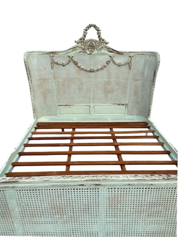 Country French Caned King Size Bed Complete Bedroom Furniture Shabby Chic Custom Wrap Around Foot Board Pastel Green Distressed - Image 2