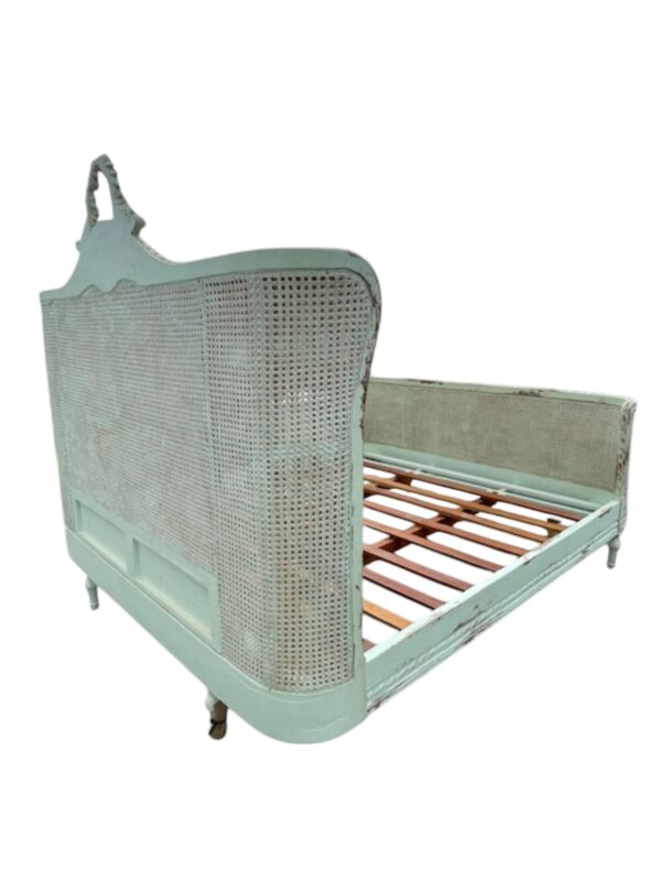 Country French Caned King Size Bed Complete Bedroom Furniture Shabby Chic Custom Wrap Around Foot Board Pastel Green Distressed - Image 6