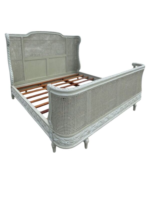 Country French Caned King Size Bed Complete Bedroom Furniture Shabby Chic Custom Wrap Around Foot Board Pastel Green Distressed - Image 4