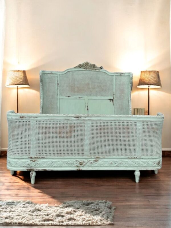 Country French Caned King Size Bed Complete Bedroom Shabby Chic Custom Wrap Around Foot Board Pastel Green Gold Distressed Floral