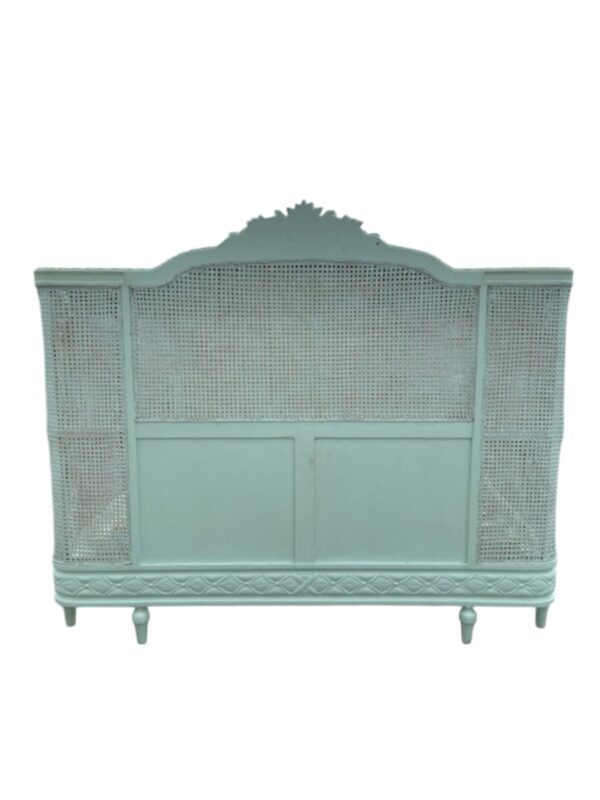 Country French Caned King Size Bed Complete Bedroom Shabby Chic Custom Wrap Around Foot Board Pastel Green Gold Distressed Floral - Image 3