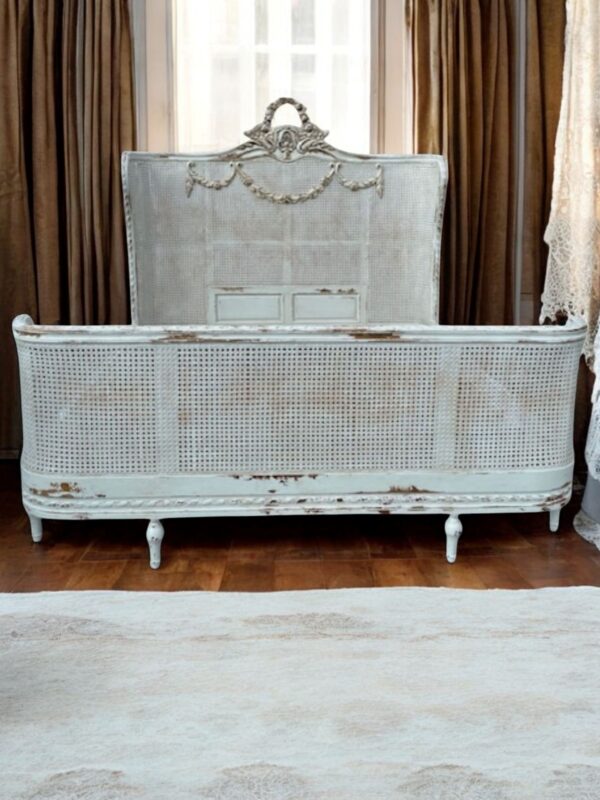 Country French Caned King Size Bed Complete Bedroom Shabby Chic Custom Wrap Around Foot Board Light Pastel Blue Brown Distressed Floral