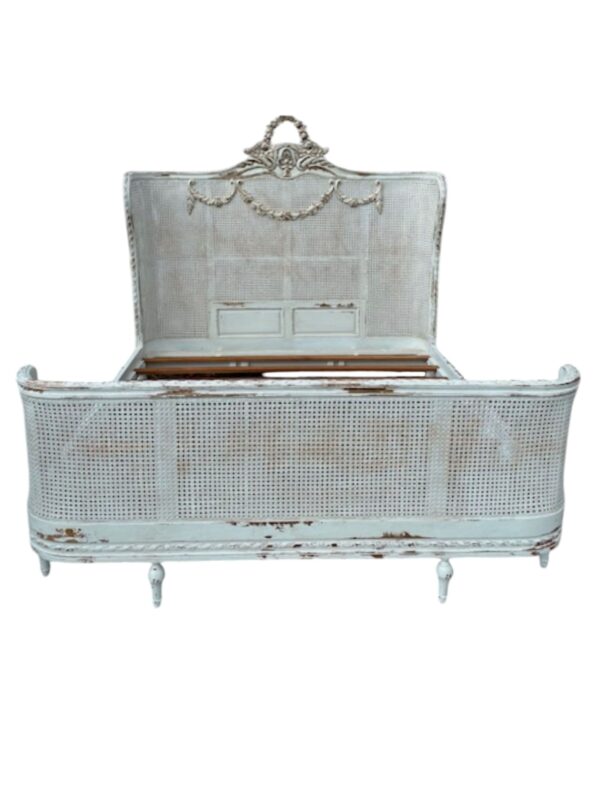 Country French Caned King Size Bed Complete Bedroom Shabby Chic Custom Wrap Around Foot Board Light Pastel Blue Brown Distressed Floral - Image 4