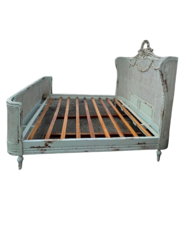 Country French Caned King Size Bed Complete Bedroom Shabby Chic Custom Wrap Around Foot Board Light Pastel Blue Brown Distressed Floral - Image 3