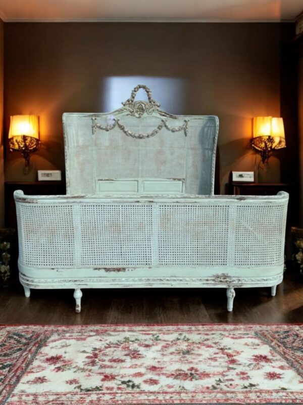 Country French Caned King Size Bed Complete Bedroom Furniture Shabby Chic Custom Wrap Around Foot Board Pastel Green Distressed