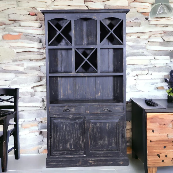 Distressed Black China Farmhouse Rustic X Wine Bar Hutch Cabinet Kitchen Dern Living Room 2 Drawer Open Shelf