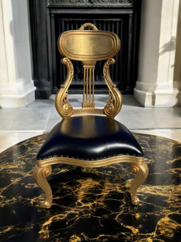 French Continental Lyre Elegant Harp Black Leather Gold Dining Room Living Room Accent Chairs Louie 16th Custom Made only 8 Made guilt.