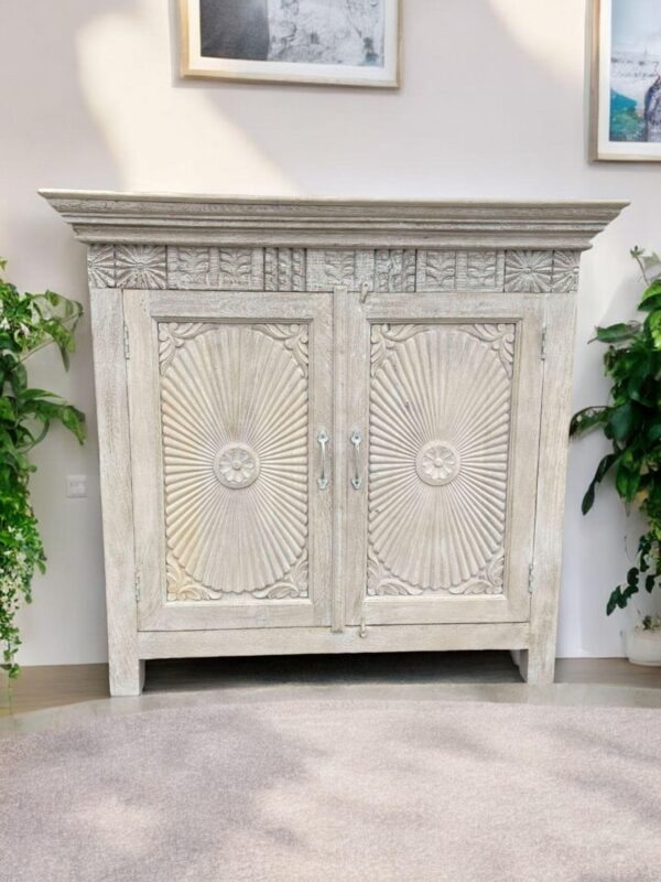 Coastal Whitewashed Hand Carved Shabby Chic 2 Door Linen Kitchen Den Storage Cabinet Art Deco Primitive Floral Seashell Accent Cabinet