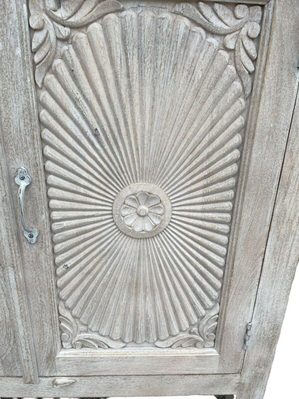 Coastal Whitewashed Hand Carved Shabby Chic 2 Door Linen Kitchen Den Storage Cabinet Art Deco Primitive Floral Seashell Accent Cabinet - Image 5