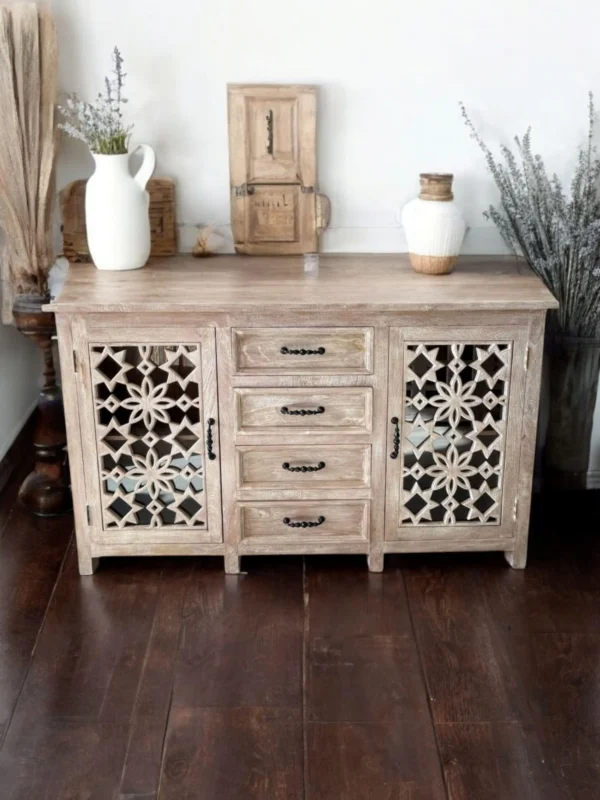 Coastal 2 Glass Door 4 Drawer Carved Daisy Sideboard Credenza Buffet Server Entryway Storage Modern