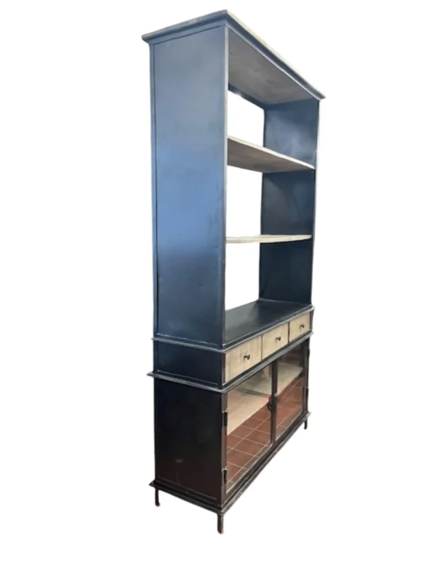 Modern 3 Drawer 2 Glass Door Industrial Iron Frame Bookcase Shelving Display Tall Cabinet - Image 4