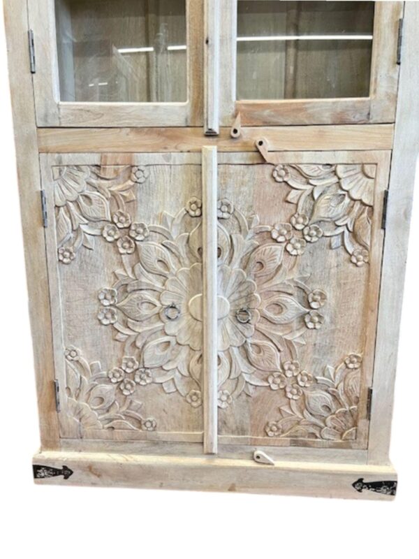 Floral Hand Carved Glass Display 4 Door Kitchen Den Storage Linen Pantry Narrow Display Cabinet - Image 2