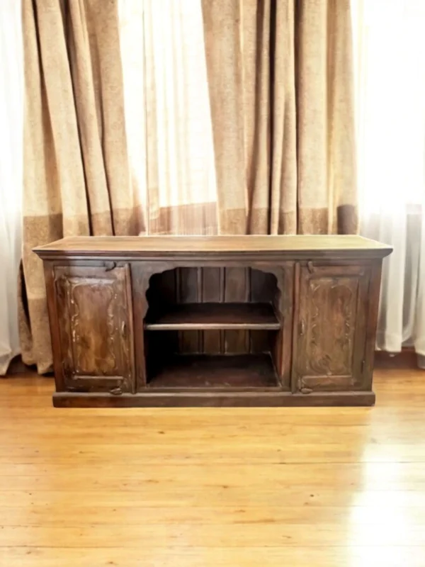 Reclaimed Rustic Media Console Buffet Server Credenza Open Shelves 2 Door Solid Wood Hand Carved