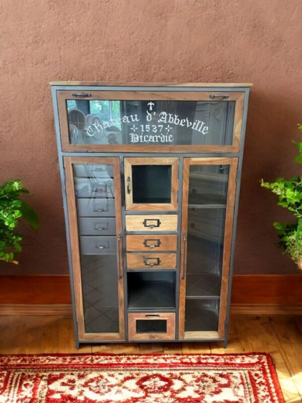 Chateau Apothecary Industrial Large Modern Storage Kitchen Dining Cabinet Iron Teak 8 Drawer 5 Door Large Home Office Commercial