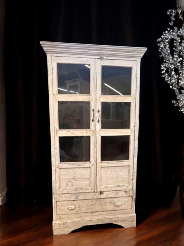 Farmhouse 2 Glass Door 1 Drawer Tall Distressed Kitchen Display Linen Pantry Cabinet Shabby Chic Primitive Coastal