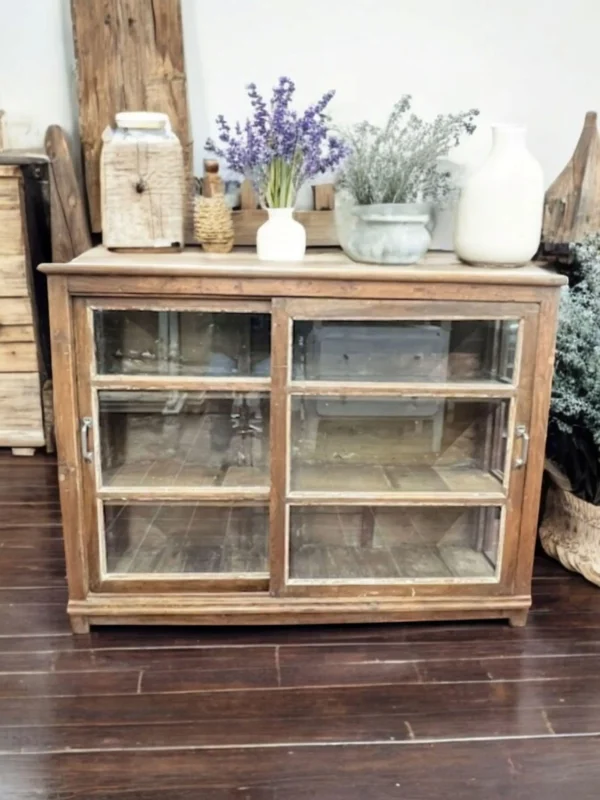 Farmhouse Reclaimed Sliding Glass Door Media Buffet Server Sideboard Storage Retail Display Cabinet Distressed