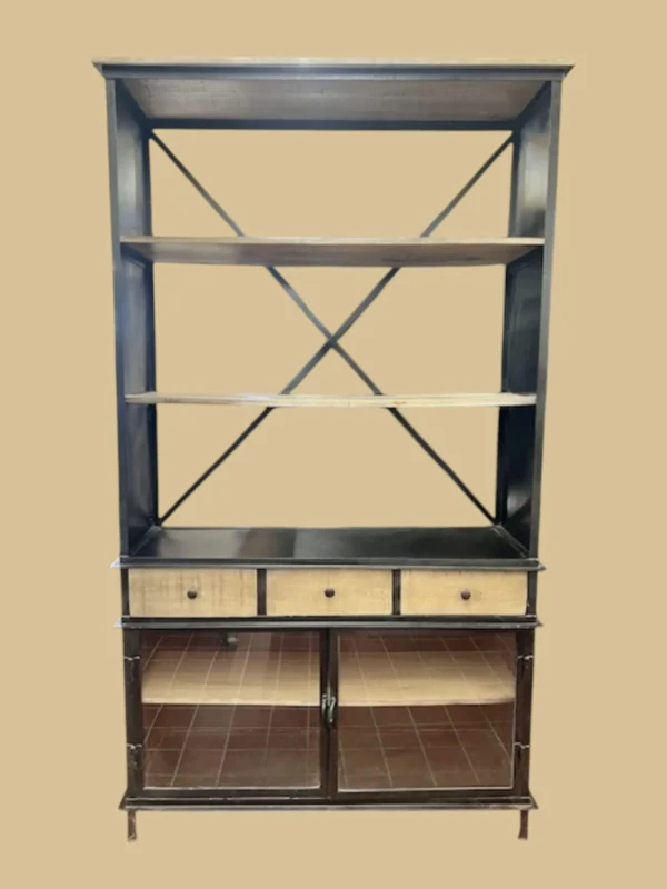 Modern 3 Drawer 2 Glass Door Industrial Iron Frame Bookcase Shelving Display Tall Cabinet