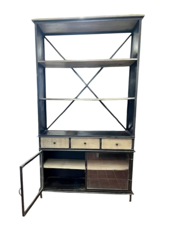 Modern 3 Drawer 2 Glass Door Industrial Iron Frame Bookcase Shelving Display Tall Cabinet - Image 6