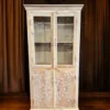 Floral Hand Carved Glass Display 4 Door Kitchen Den Storage Linen Pantry Narrow Tall Display Cabinet
