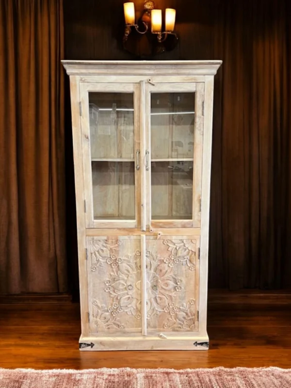 Floral Hand Carved Glass Display 4 Door Kitchen Den Storage Linen Pantry Narrow Display Cabinet