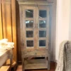 Farmhouse Tall Distressed 2 Door 1 Drawer Glass Display Storage Linen Pantry Kitchen Den Open Bottom Shelf Rustic Cabinet Distressed