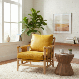 Safari Armchair Lounge Accent Hand Carved High Back Retro Modern Office Home Chair Yellow Leather