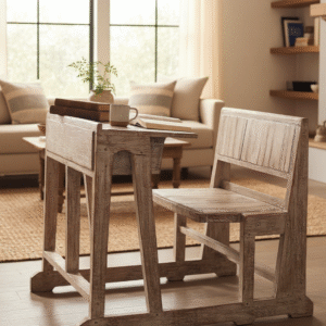 Rustic Reclaimed Distressed Farmhouse School Double Desk Bench 2 Folding Attached Chairs Hidden Storage Hand Carved Solid Wood OOAK