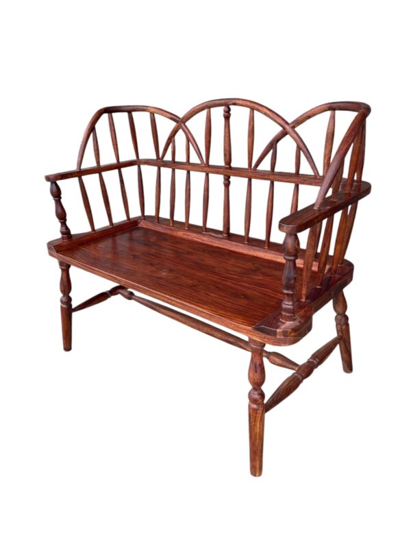 Rustic Amish Windsor Solid Wood Bench High Back Queen Anne Colonial Country Farmhouse Hand Carved Entryway - Image 2