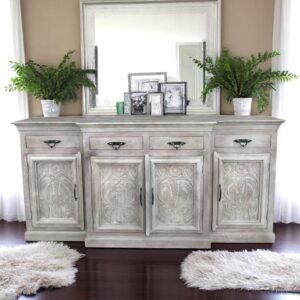 Cathedral 4 Door 4 Drawer Buffet Server Credenza Sideboard Entryway Hand Carved Solid Wood Storage Modern Distressed Grey