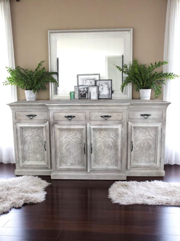 Cathedral 4 Door 4 Drawer Buffet Server Credenza Sideboard Entryway Hand Carved Solid Wood Storage Modern Distressed Grey