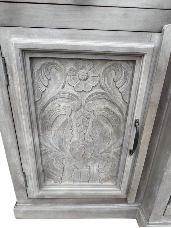 Cathedral 4 Door 4 Drawer Buffet Server Credenza Sideboard Entryway Hand Carved Solid Wood Storage Modern Distressed Grey - Image 2