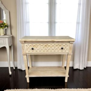 Shabby Chic Hand Carved Paxton Nightstand Bedside End Tables French Country Open Bottom Shelf One Drawer Bedroom Living Room Natural Pine Coastal