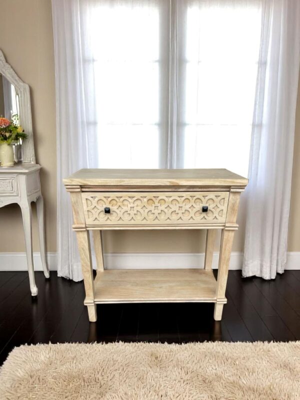 Shabby Chic Hand Carved Paxton Nightstand Bedside End Tables French Country Open Bottom Shelf One Drawer Bedroom Living Room Natural Pine Coastal