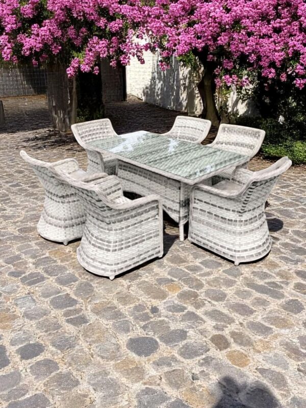 Patio Garden Cushioned 7 Piece Set Glass Top Grey White Modern Wicker Outdoor Furniture - Image 2