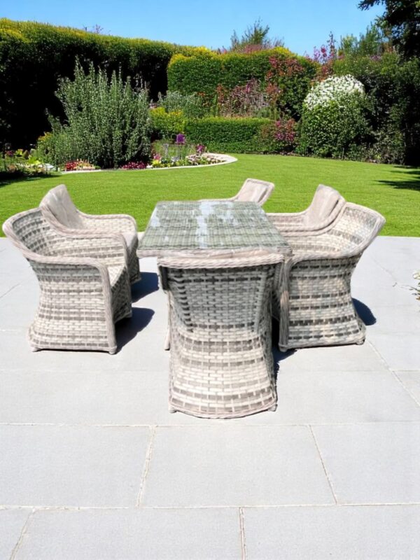 Patio Garden Cushioned 7 Piece Set Glass Top Grey White Modern Wicker Outdoor Furniture