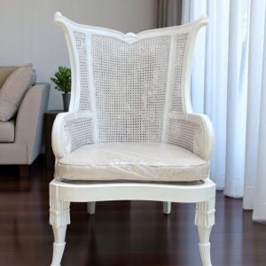 Pair Of Cushion French Provincial Rattan Cane Wicker Solid Wood Distressed White Wingback Armchair Shabby Chic Country French Louie XV Mahogany