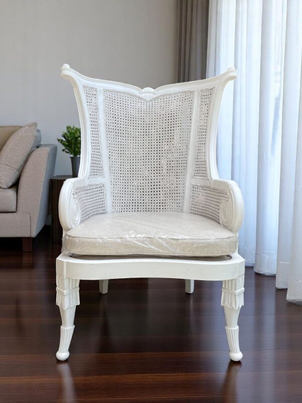 Pair Of Cushion French Provincial Rattan Cane Wicker Solid Wood Distressed White Wingback Armchair Shabby Chic Country French Louie XV Mahogany