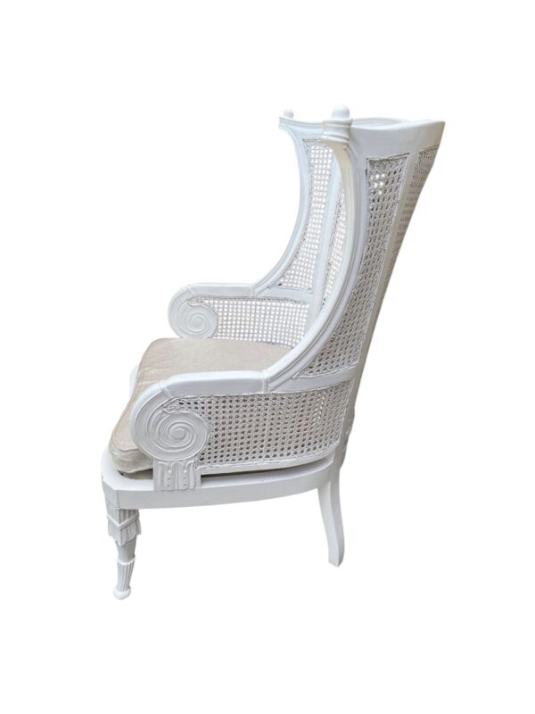 Pair Of Cushion French Provincial Rattan Cane Wicker Solid Wood Distressed White Wingback Armchair Shabby Chic Country French Louie XV Mahogany - Image 4